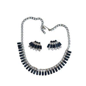 Vintage Crystal Rhinestone Black Jet Stone Necklace and Earrings Set c 1940